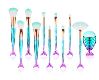 11pcs Mermaid-shaped Nylon Makeup Brush Set